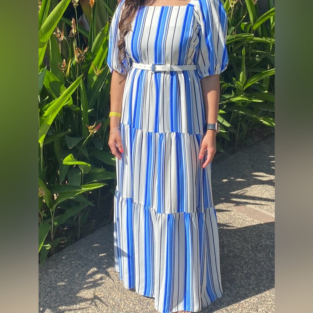 Casual wear long dress, blue and white striped dress, elegant look, size 8.